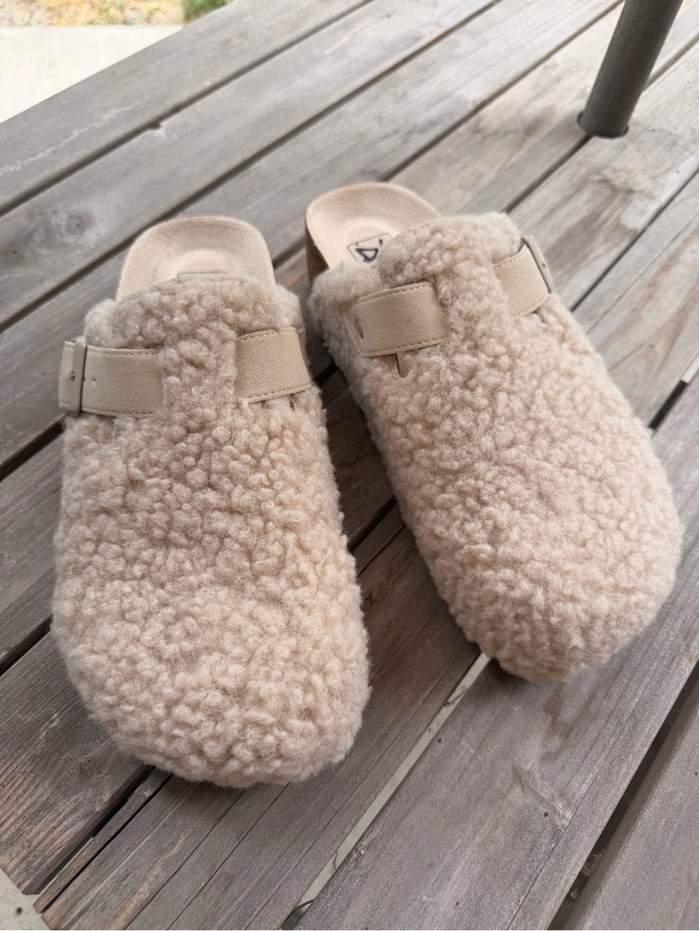 Cozy Faux-Shearling Slip-On Mules in Beige